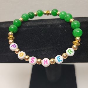 Green and White Acrylic Bead Alaphabet Stretch Bracelet